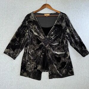 Notations Woman 2X Velvet Burnout Paisley Top Faux Wrap Beaded Black Silver Gray